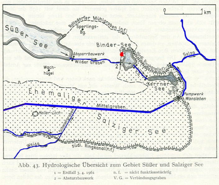 Übersichtskarte des Entwässerungssystems des Seebeckens des ehemaligen Salzigen Sees (Quelle: Werte unserer Heimat 1982, nach AURADA 1969, bearbeitet) 