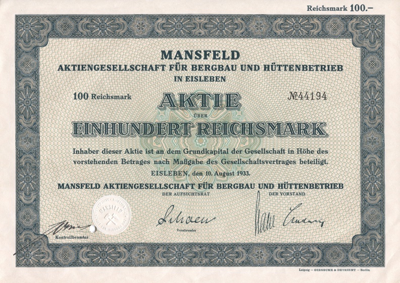 #Aktie der Mansfeld AG 1933
